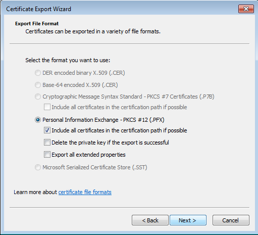 Dialogue d'export de
            certificat - Paramètres du fichier PKCS#12